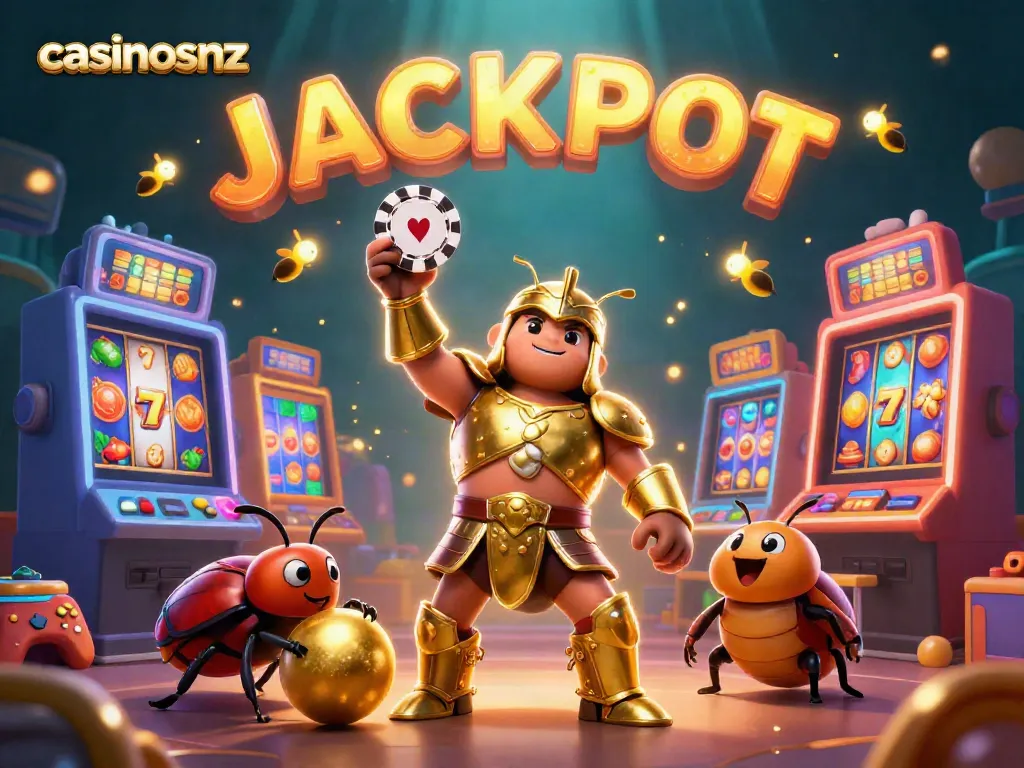 Play and win at casinosnz with vibrant slot games and charming characters in a celebratory scene.