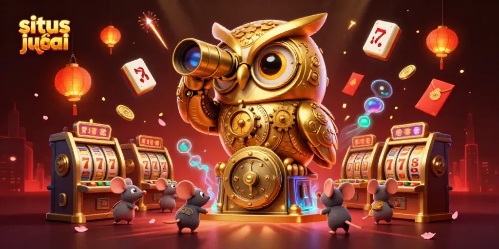 Visualisasi menarik situs judi slot dengan elemen slot dan karakter kartun.