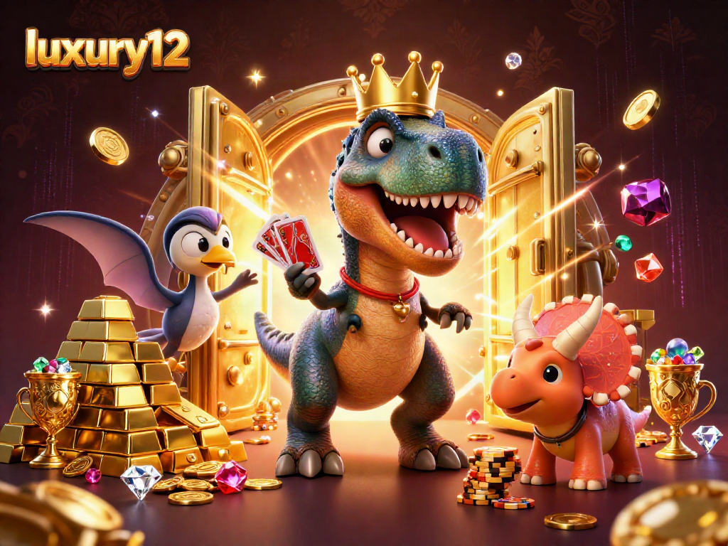 Experience thrilling games with luxury12 through a vibrant T-Rex dealing cards in a dynamic casino scene.