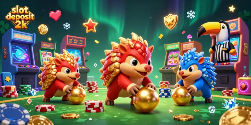 Experience the excitement of slot deposit 2k with cartoon pangolins in a colorful casino scene.
