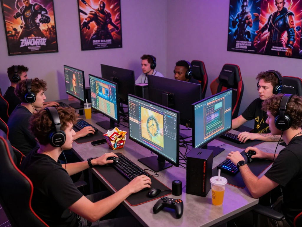 Pengalaman bermain bos88 secara kompetitif dengan pemain beragam di ruangan gaming yang penuh warna.
