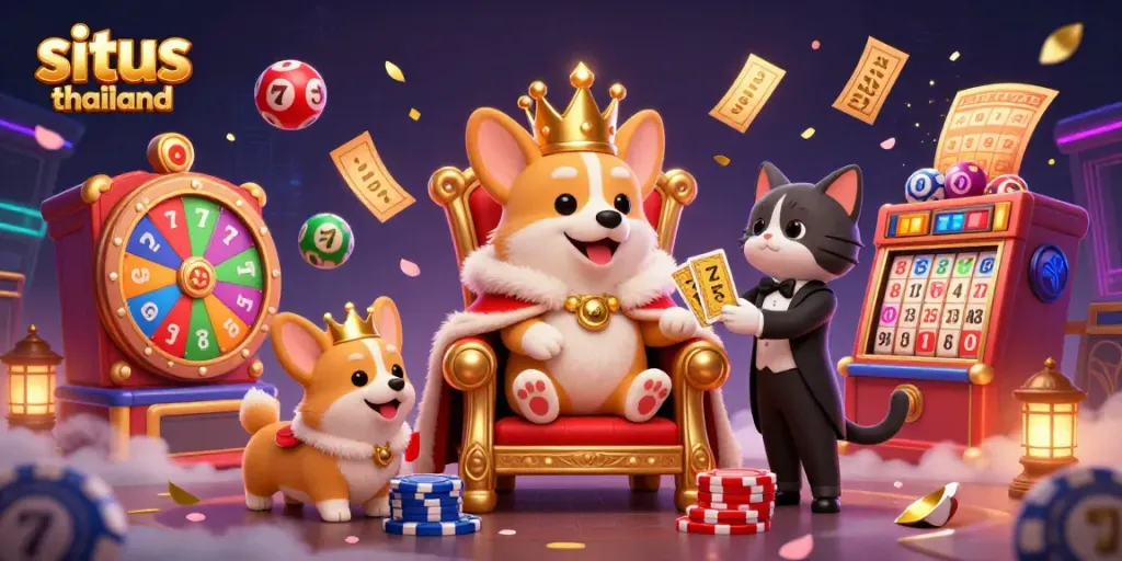Experience situs thailand with a vibrant illustration featuring a royal corgi and dynamic casino elements.