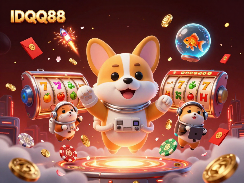 Experience the thrilling world of IDQQ88 with a playful astronaut corgi in a vibrant casino scene!