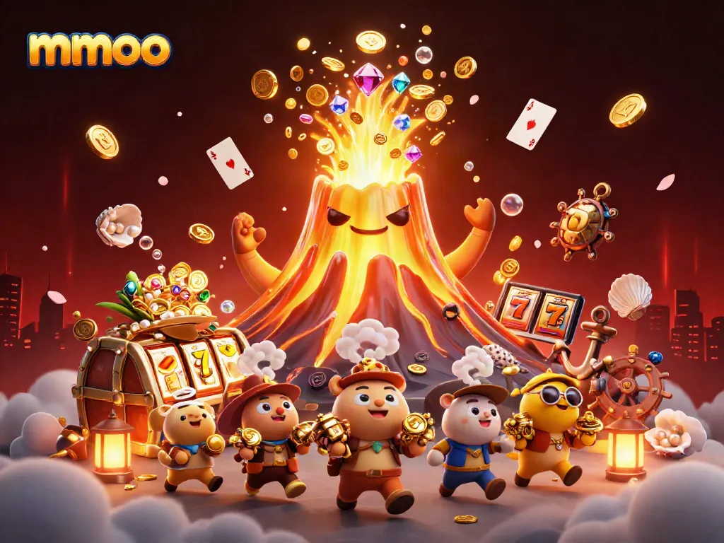 Experience the lively mmoo casino scene with a golden volcano and treasure-filled adventures in a vibrant digital format.