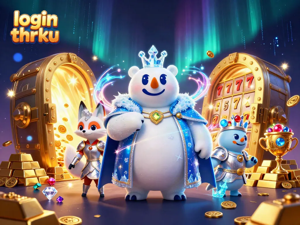 Play and win at login thrku with the ice king polar bear and his fox companion among glowing gold treasures.