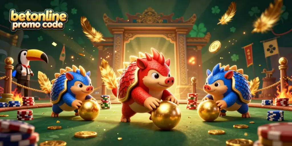 Experience the excitement of BetOnline promo code with two rival pangolins bowling poker chips in a dynamic casino scene.