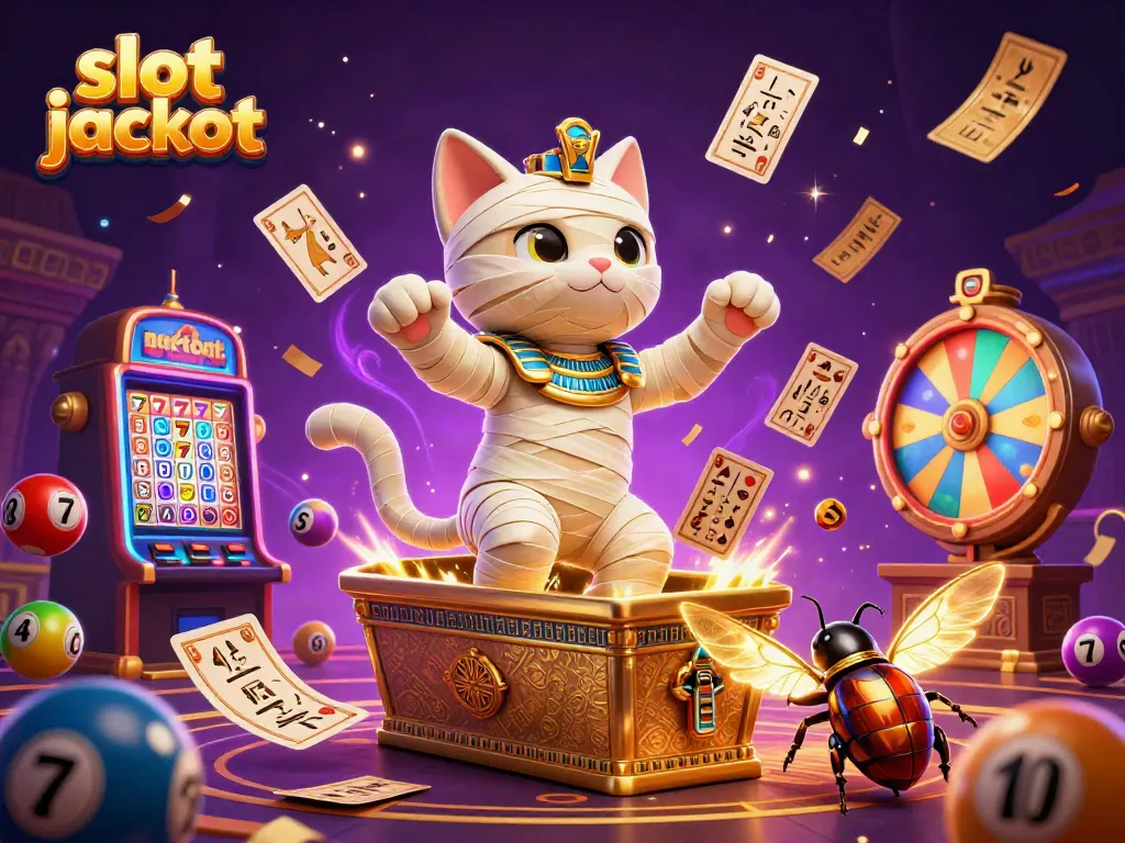 Engaging scene of the slot jackpot featuring an Egyptian mummy cat and a glowing scarab in a vibrant casino.