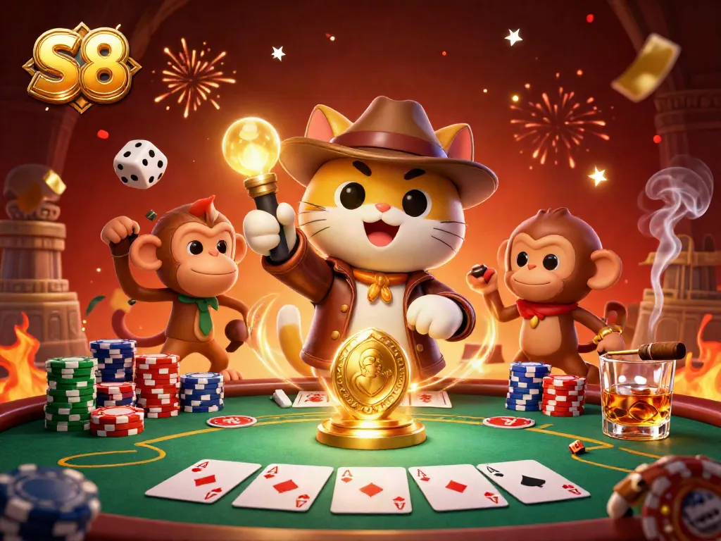 S8-themed 3D illustration of a cartoon cat archaeologist with a monkey, discovering a casino artifact