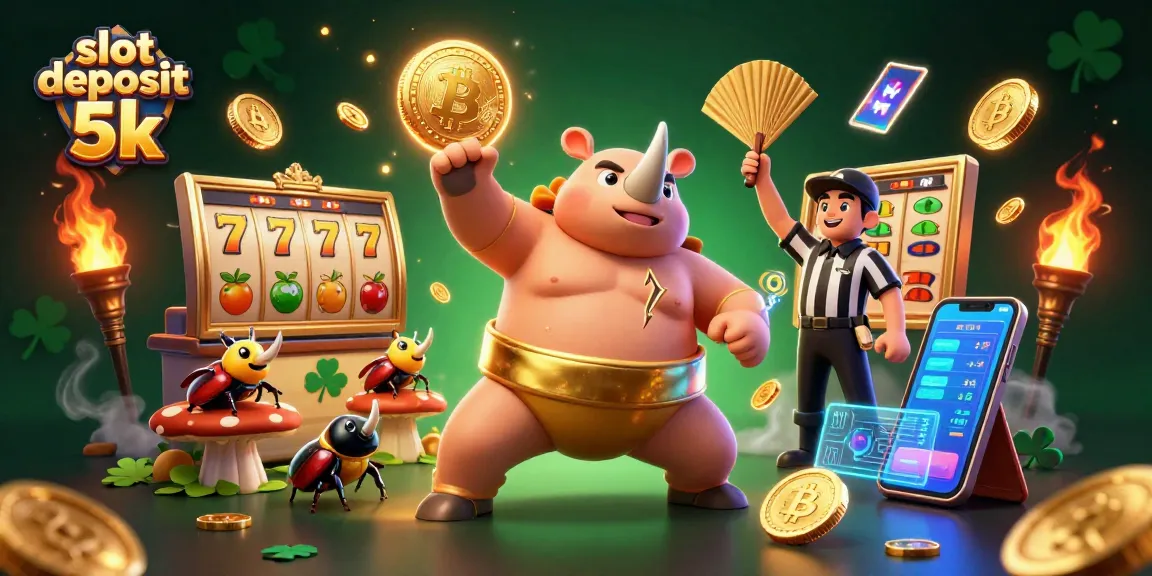Permainan slot deposit 5k semakin menarik dengan ilustrasi juara sumo ternama, koin emas, dan elemen perjudian lainnya.