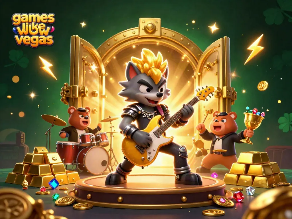 Experience games like wow vegas with vibrant 3D casino characters and gold treasures in a dazzling scene.