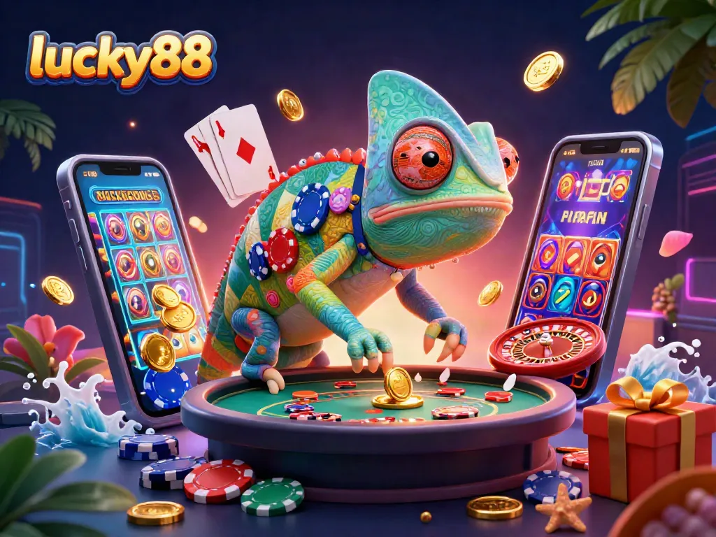 Experience lucky88's vibrant casino world with an engaging chameleon and colorful games.