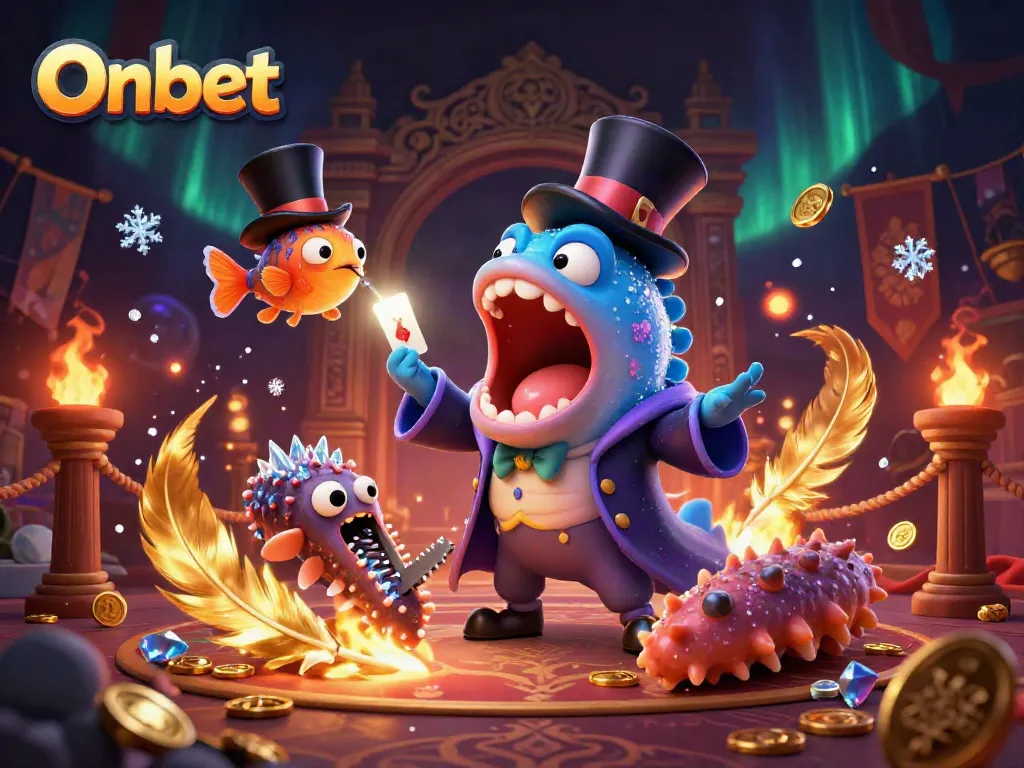 Join Onbet's exciting magic show with a glowing deep-sea eel performing tricks amidst casino-themed elements.
