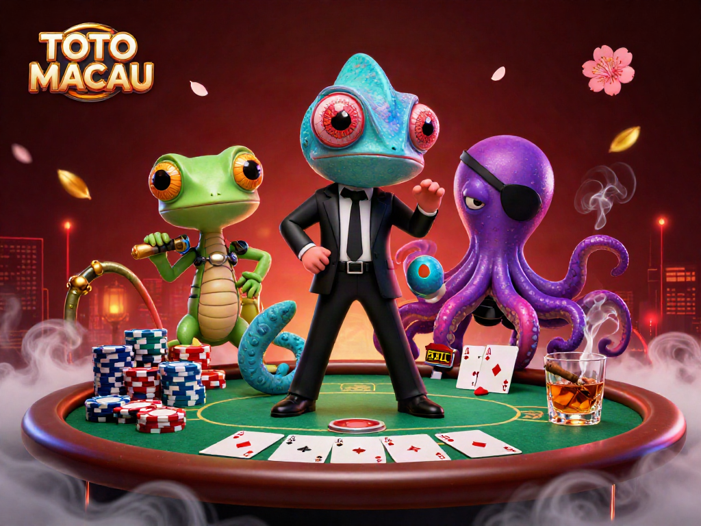 TOTO MACAU characters engage in a high-stakes poker scene with vibrant casino elements.