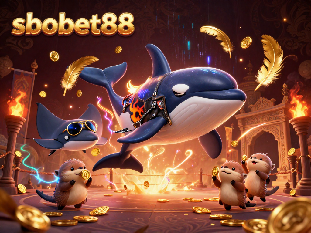 Engage with sbobet88 in this vibrant illustration featuring an orca, stingray, and otters showcasing thrilling betting activities.