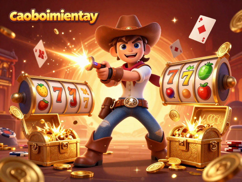Cowboy avatar in caoboimientay winning big with slot reels and flying poker cards in an action-packed scene.