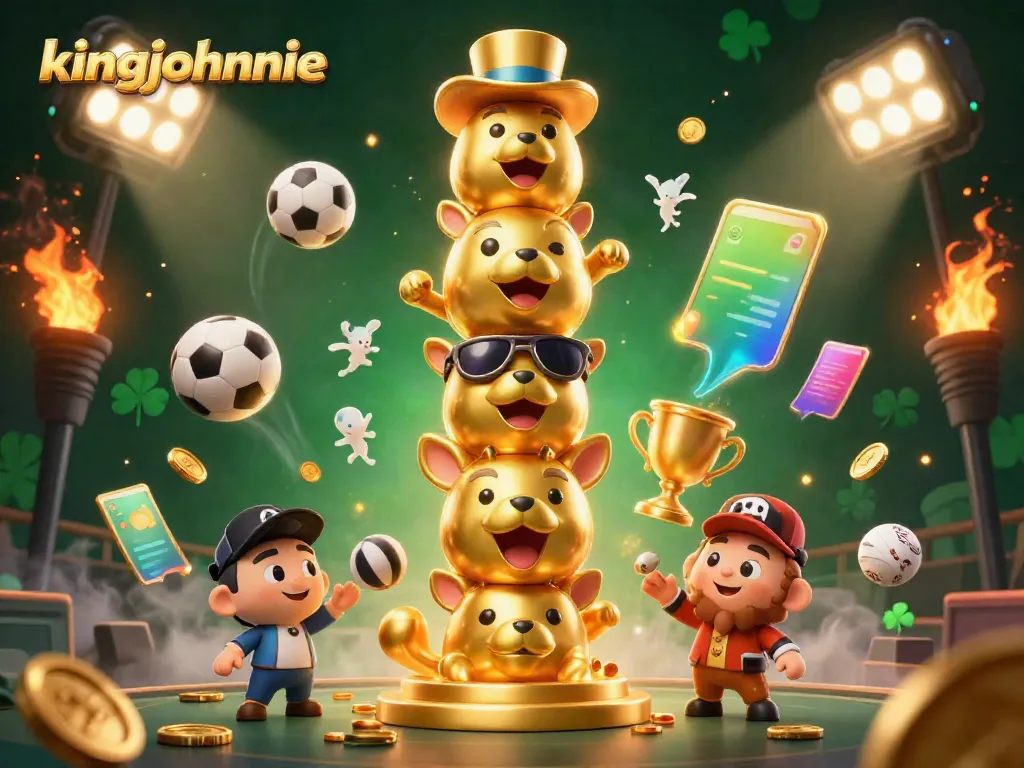 Experience the excitement at kingjohnnie Casino with dynamic 3D illustration of game elements and vibrant characters.
