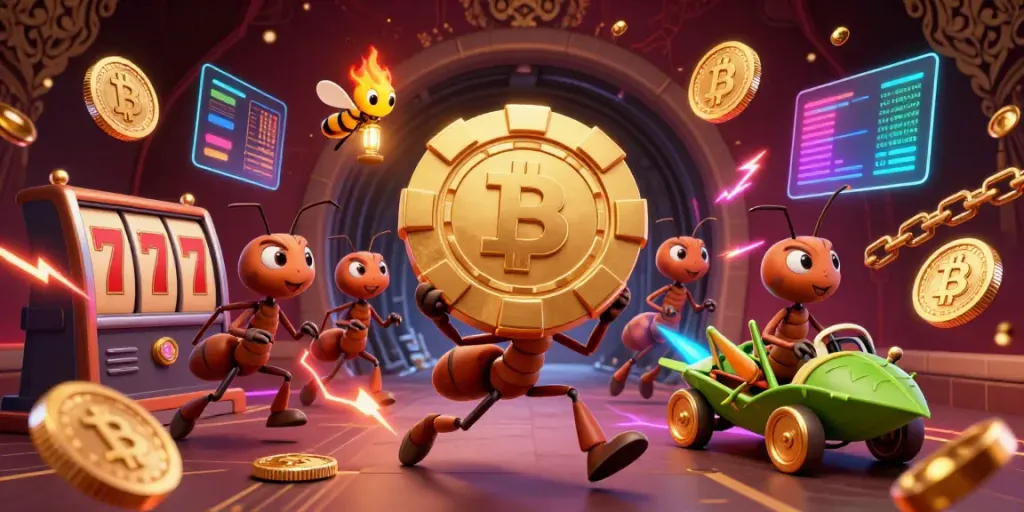 BOLASLOT88 ants heist illustration with golden poker chip, vibrant casino elements.