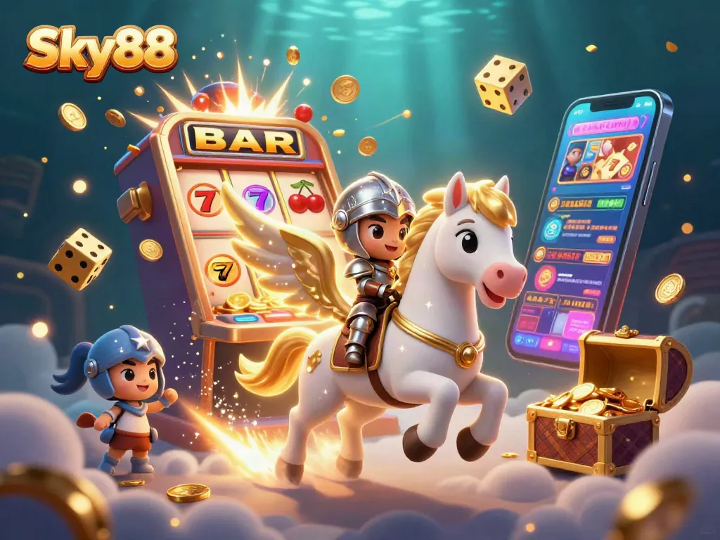 Experience the magic of Sky88 with a dynamic 3D scene featuring a celestial horse and thrilling casino games.