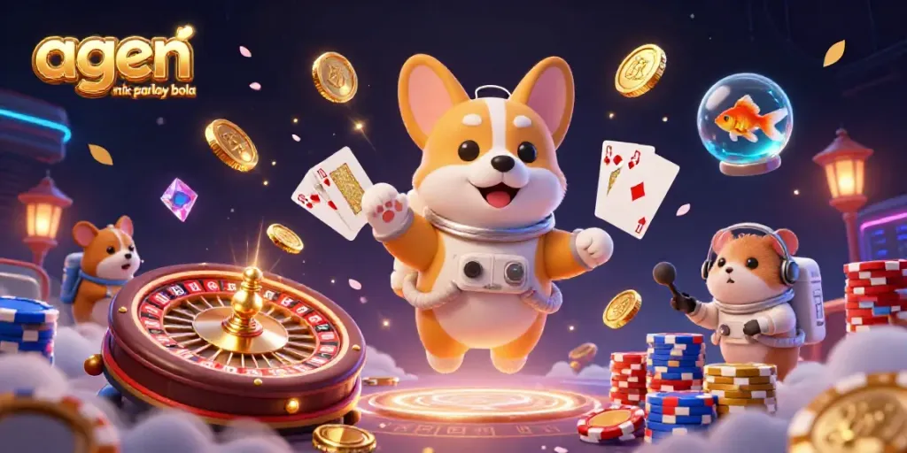Experience the thrill of agen mix parlay bola with a captivating 3D casino scene featuring an astronaut corgi.
