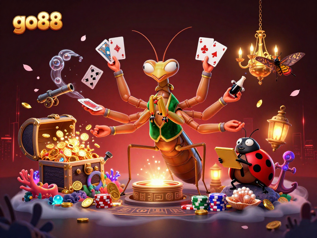 Experience the thrill of go88's casino games with a vibrant scene of a card sharp mantis and pit boss.