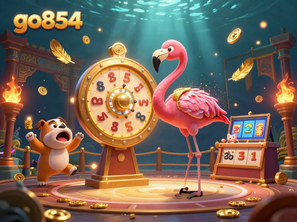 Spin the prize wheel and win big with go854 in this dynamic casino illustration.