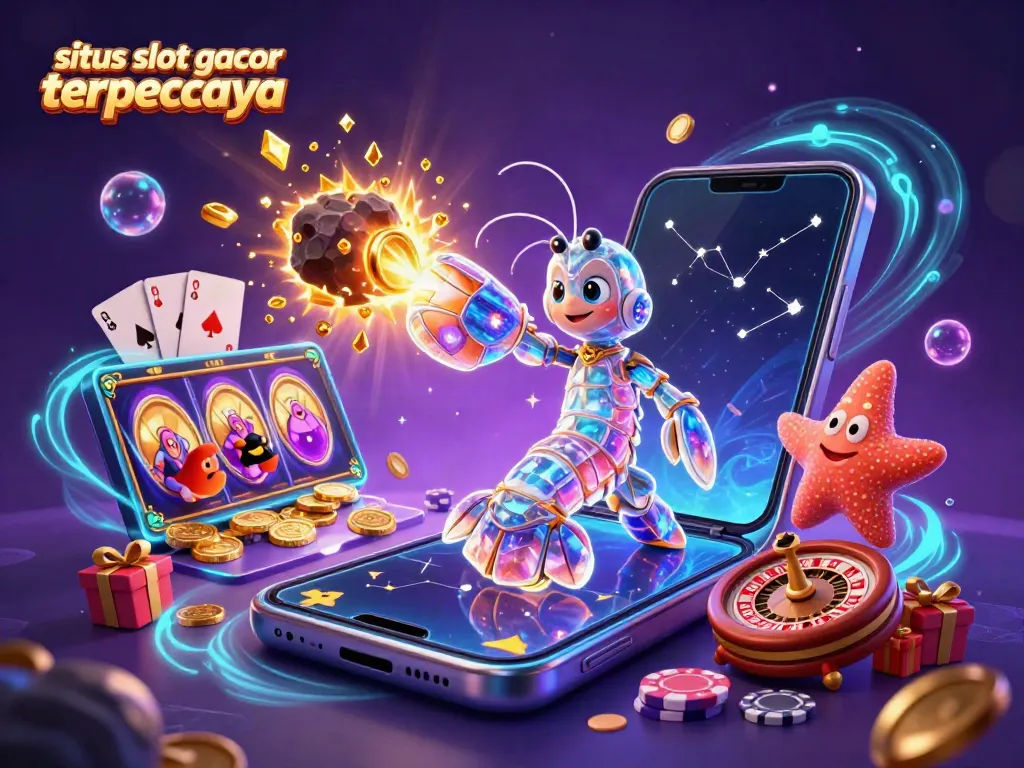 Engage with a dynamic 3D scene of a galactic samurai mantis shrimp showcasing situs slot gacor terpercaya with explosive treasure and vibrant game elements.