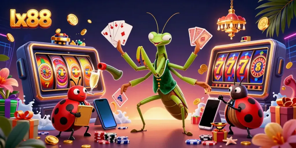 Experience vibrant gaming with lx88 as a cartoon praying mantis card sharp deals slots and roulette.