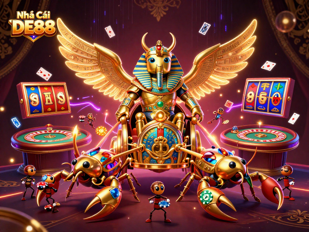 Experience the thrill of gaming at Nhà Cái DE88 with vivid scenes of jackpots and vibrant casino games.