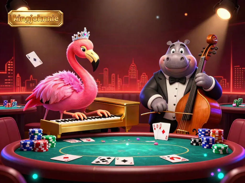 Experience the excitement of kingjohnnie casino with a vibrant 3D illustration of lively characters at a poker table.