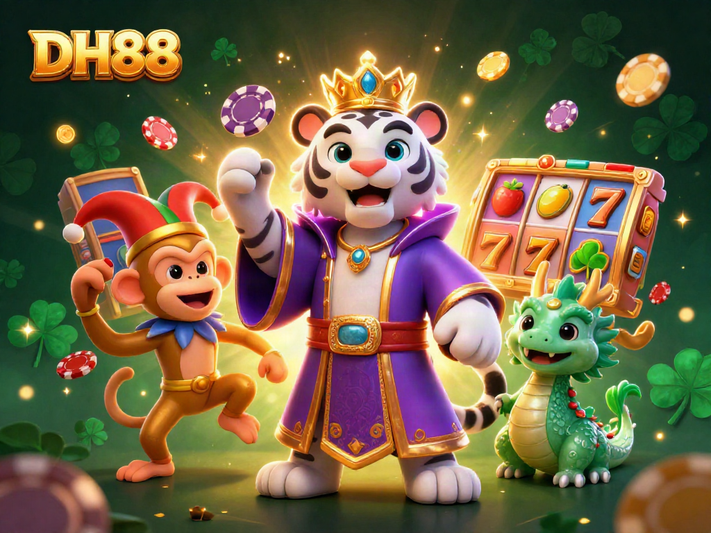 DH88 casino-themed illustration featuring a royal tiger, jester monkey, and lively dragon in a vibrant gaming scene.