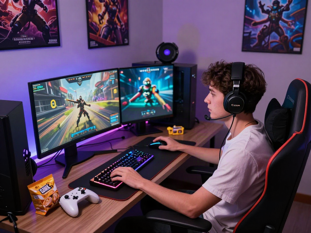 Pengguna gaming muda menikmati permainan online di ruangan nyaman, memperlihatkan aksesori gaming dan pencahayaan RGB, kata kunci luxury111.