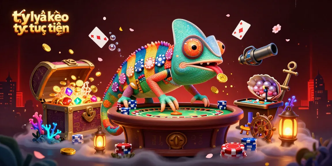Engage in tỷ lệ kèo trực tuyến strategies with colorful chameleon casino character surrounded by vibrant gaming visuals.