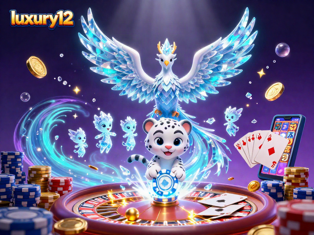 Experience luxury12 casino thrills with an ice phoenix and playful elements in this vibrant scene.