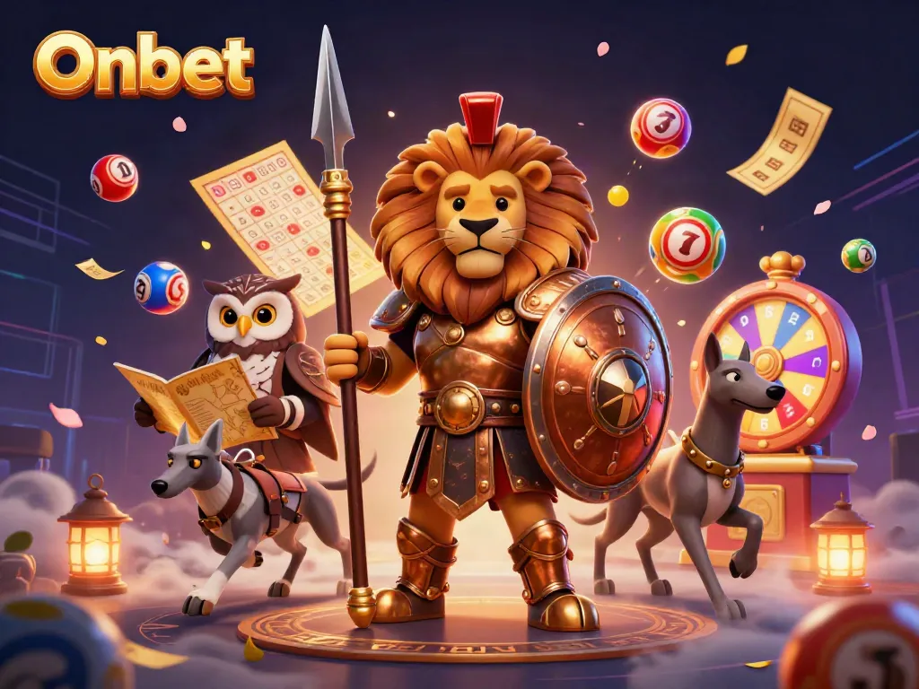 Engage in Onbet's vibrant casino world with rich visuals, featuring a Spartan lion, owl strategist, and a greyhound messenger.