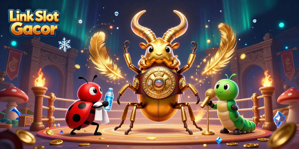 Engage in thrilling action with Link Slot Gacor featuring a glowing stag beetle champion amidst dynamic casino elements.