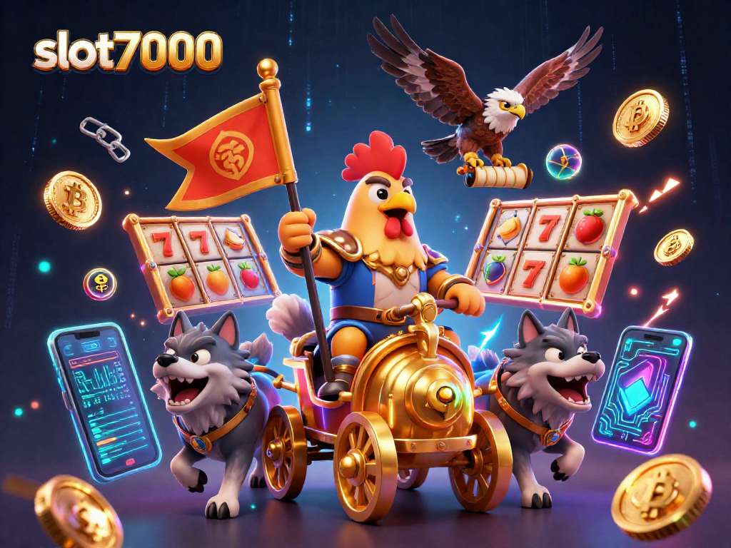 Bermain slot7000 dengan keseruan jackpot dalam ilustrasi 3D yang penuh warna dan detail.