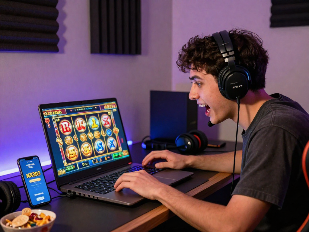 Excited player enjoying nx303 daftar on laptop, vibrant gaming graphics.