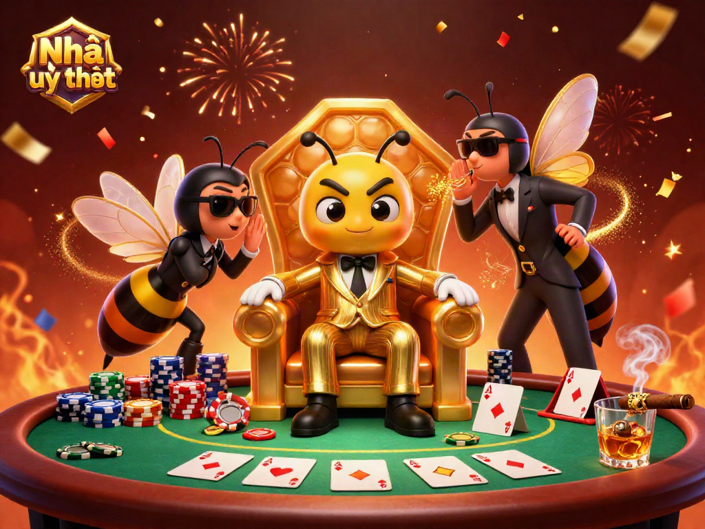 Navigating the world of Nhà cái uy tín through a vibrant casino scene with a bumblebee mob boss.