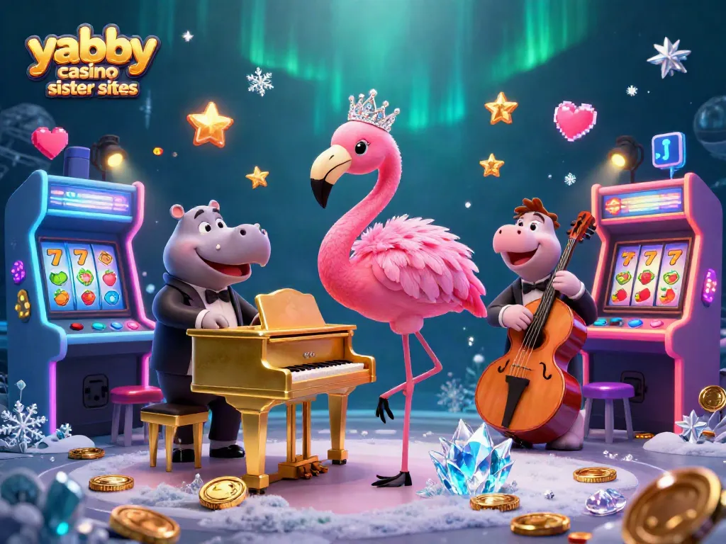 Experience gaming excitement with Yabby Casino sister sites in this vibrant 3D casino scene.