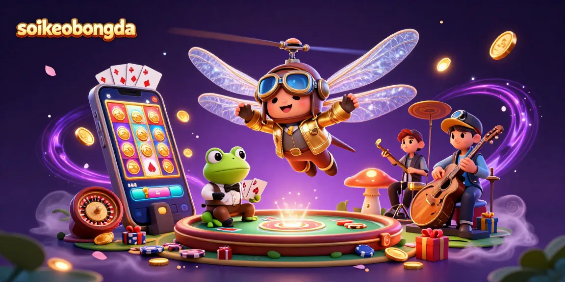 Experience soikeobongda's thrilling card games with a lively dragonfly pilot and frog dealer in a vibrant casino.