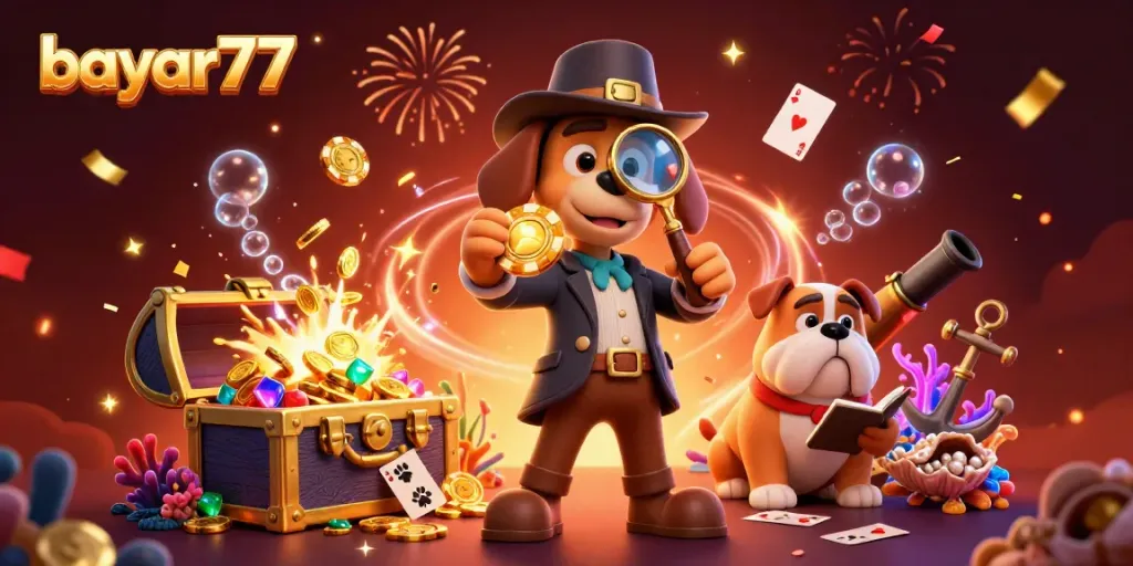 Engage with bayar77 as the detective explores poker clues amidst a treasure-filled casino scene.