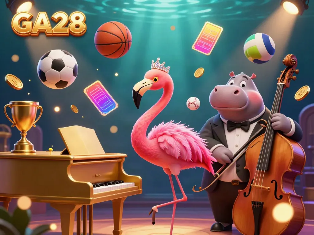 Experience the excitement of GA28 with vibrant 3D characters and casino elements in a dynamic illustration