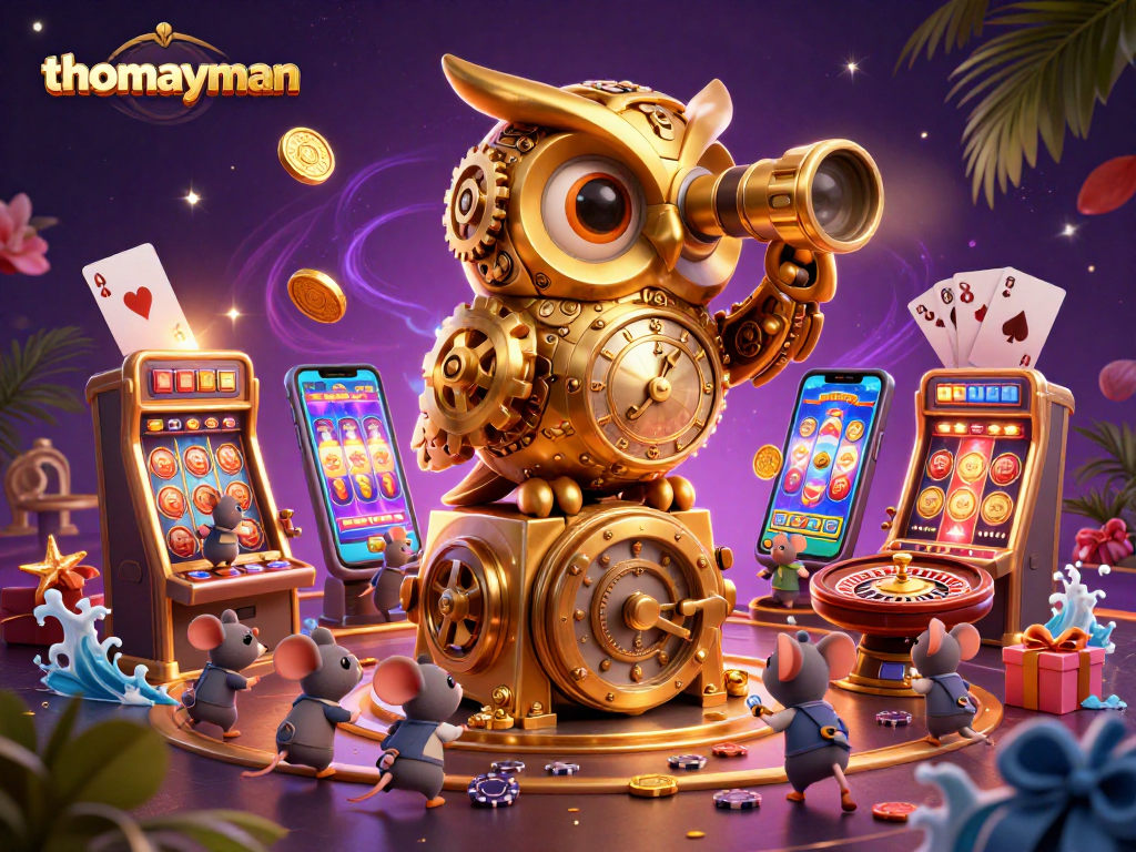 Experience the excitement of thomayman, with a golden owl surveying a lively casino scene filled with slot games.