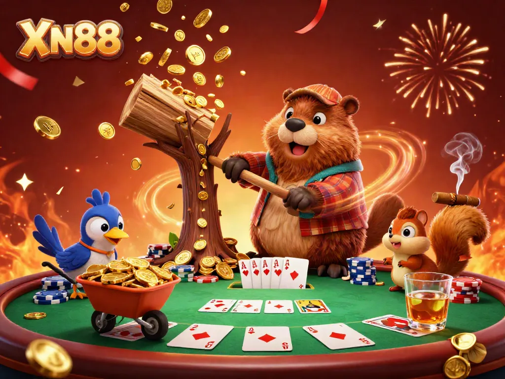 Experience thrilling gambling action with XN88 as cartoon characters celebrate amid a lavish casino scene.