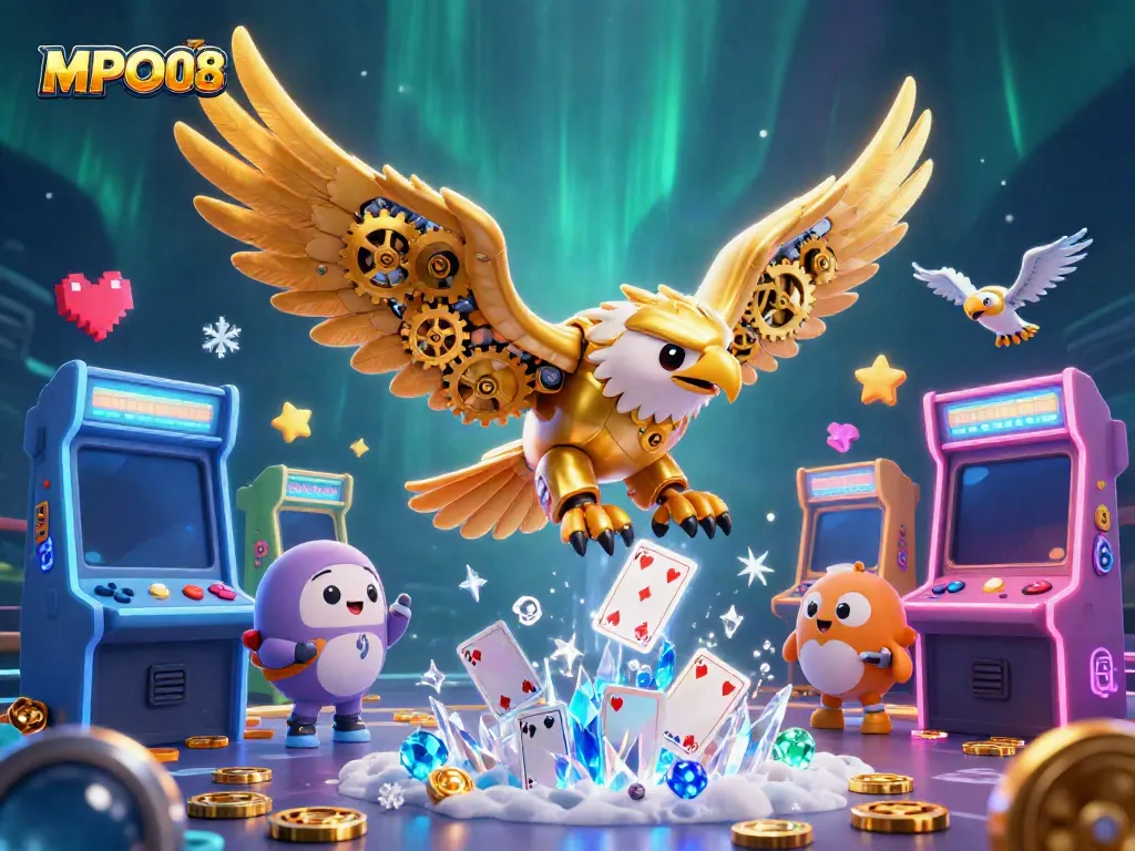 MPO08 gaming scene featuring a cybernetic golden eagle among vibrant arcade elements