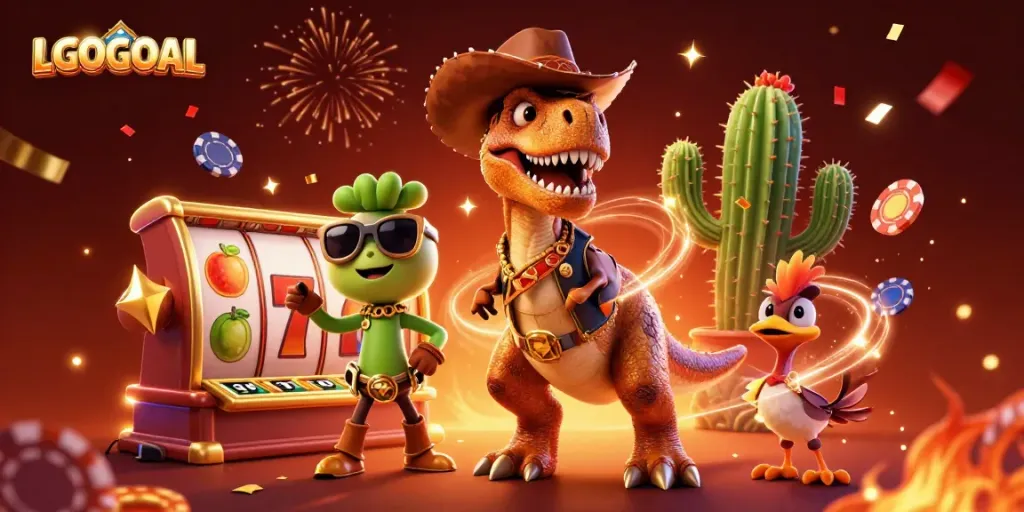 Join the fun at LGOGOAL with bold T-Rex characters and vibrant slot gaming elements!