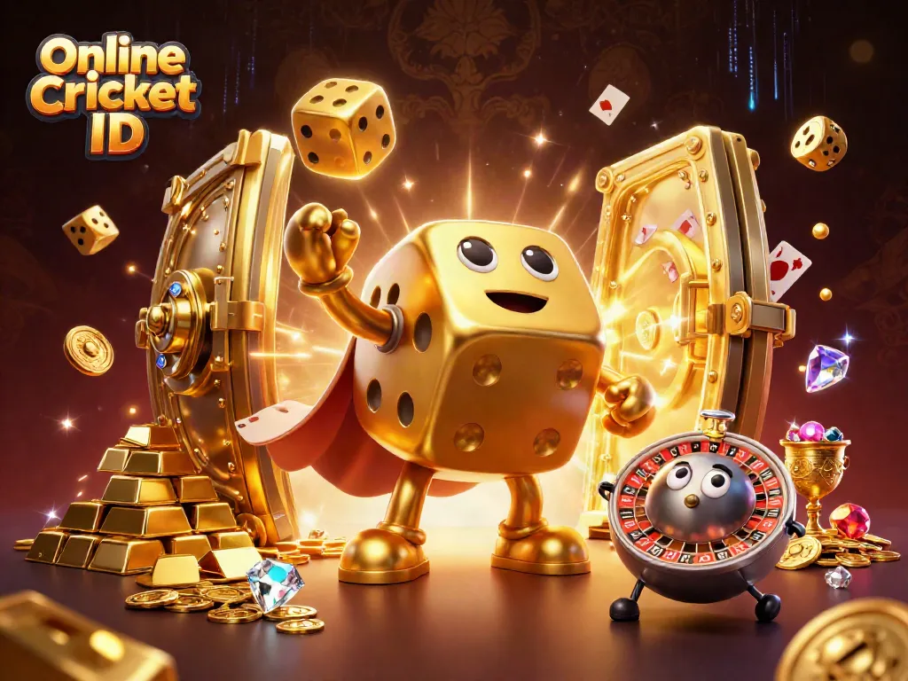 Bet smarter with an Online Cricket ID as a massive golden dice golem juggles dice amid treasures and lights.