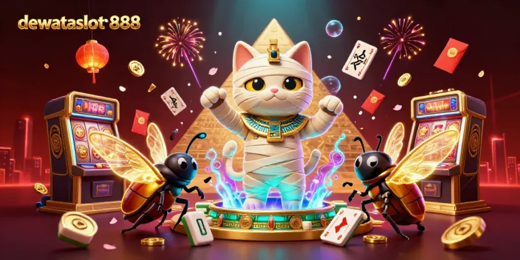 Permainan slot gacor di dewataslot888 dengan karakter mumi kucing dan simbol keberuntungan.