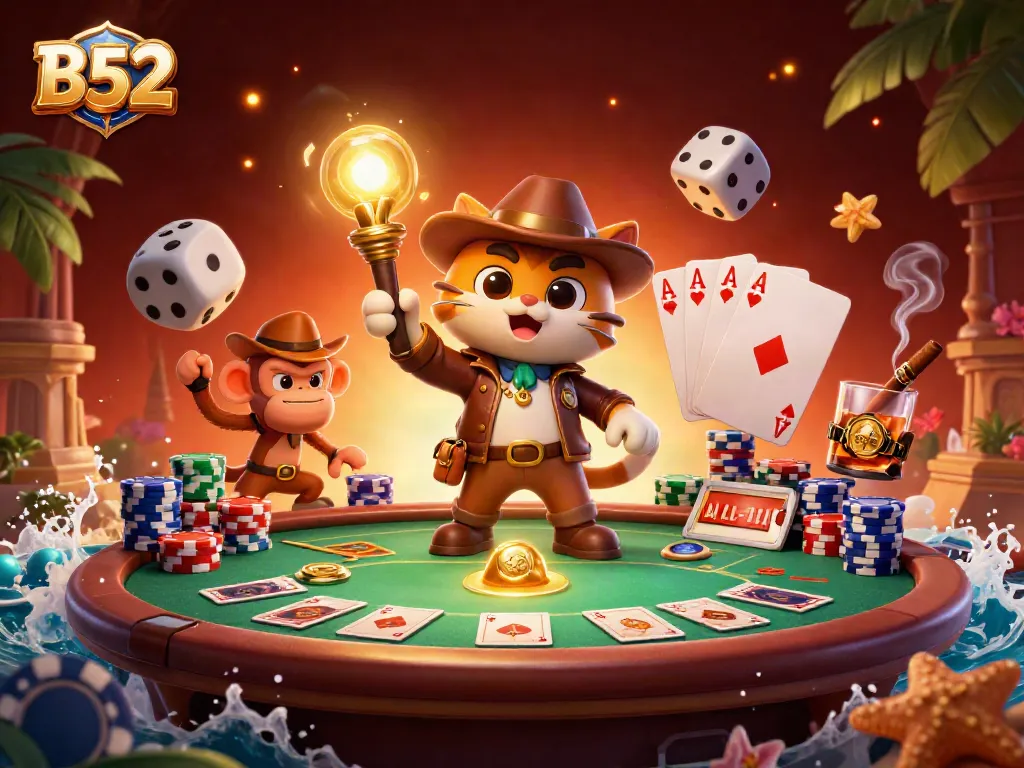 Engage with B52 casino adventures in a vibrant and colorful treasure hunt scene.