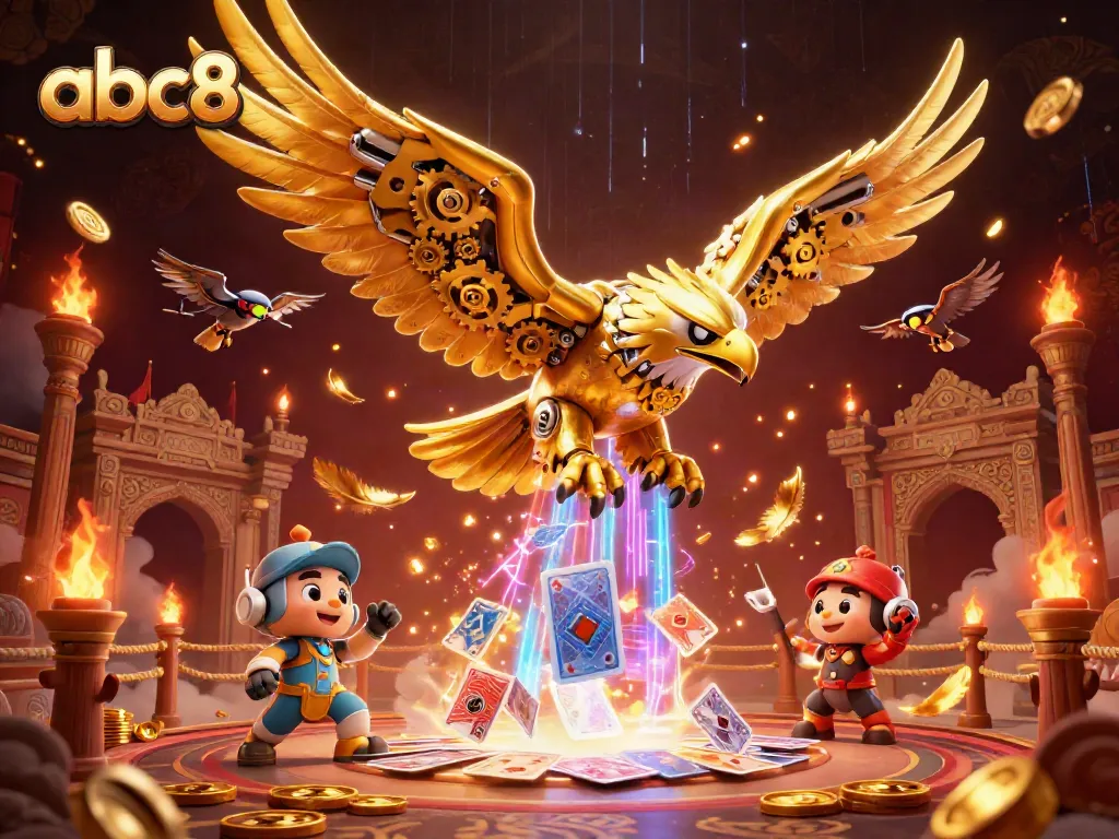 Experience the thrilling dive of the abc8 cybernetic eagle amidst holographic cards and golden tokens.